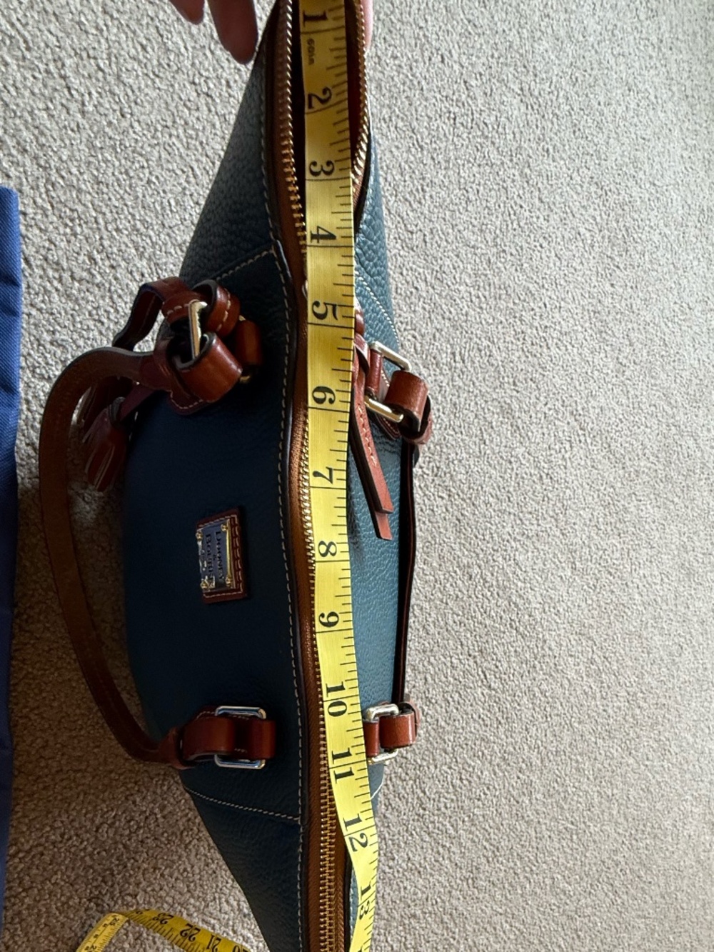 Dooney & Bourke Green/Blue Pebbled Leather Tote with Brown Trim - Picture 7 of 10